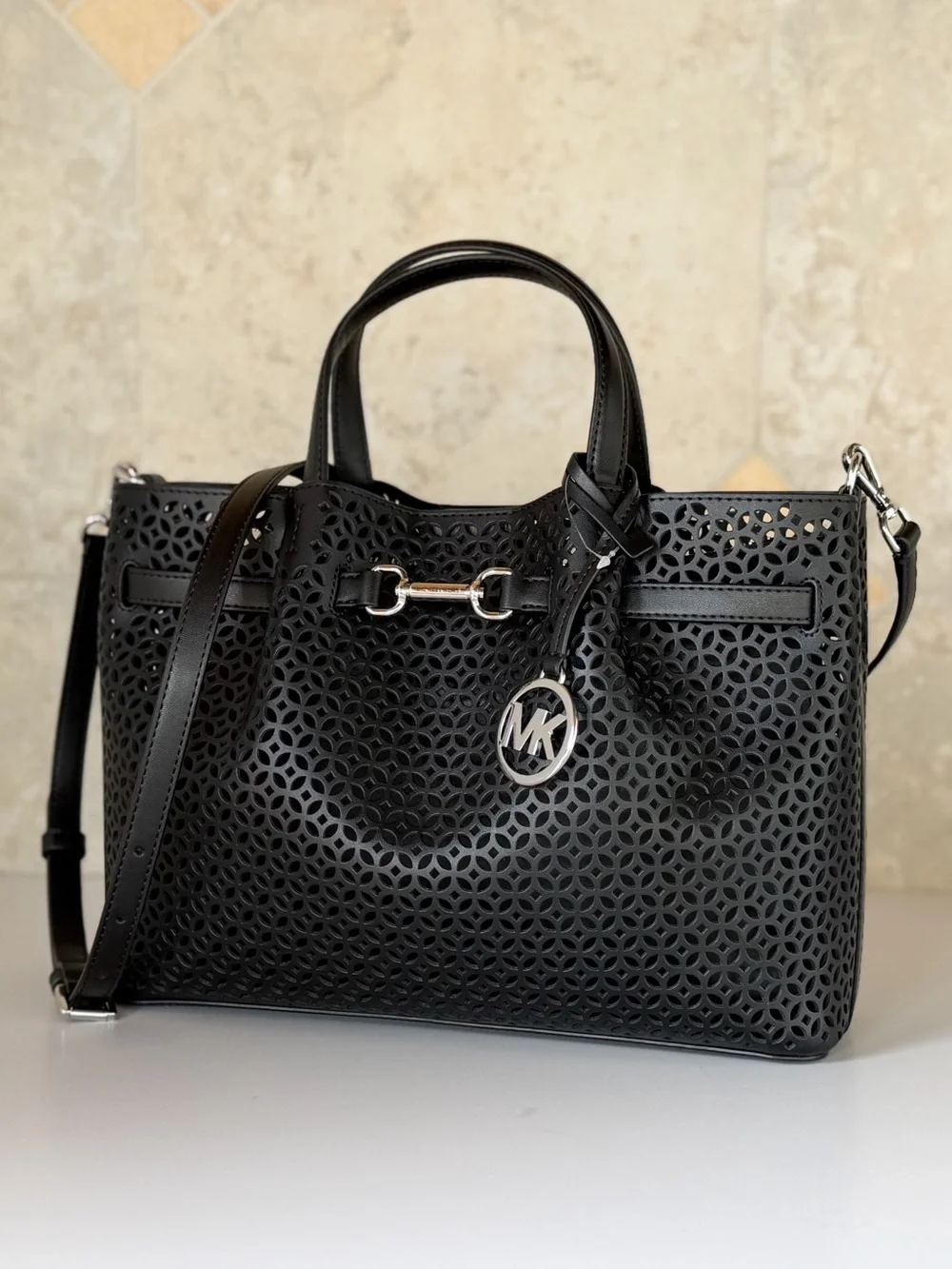 Michael Kors Carson MD Satchel Shoulder Bag MK Laser Cut Black